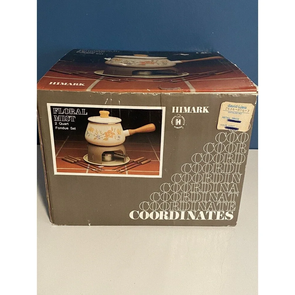 Vtg Coordinates Fondue Pot “Floral Mist” 1984 Enamel & Wood *New Open Box
